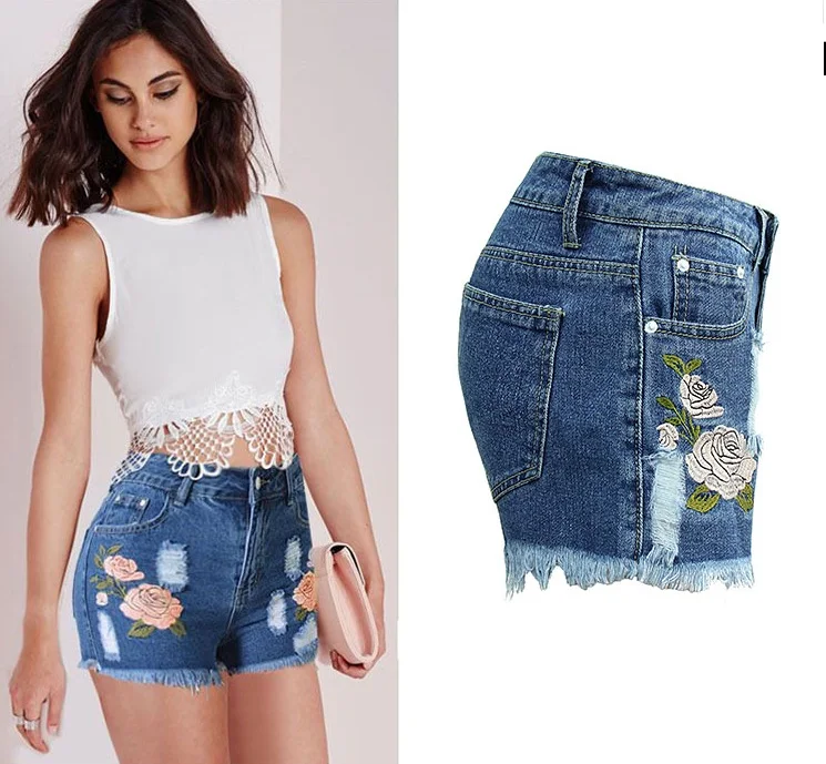 Europe Blue Crimping Embroidery Denim Shorts For Women
