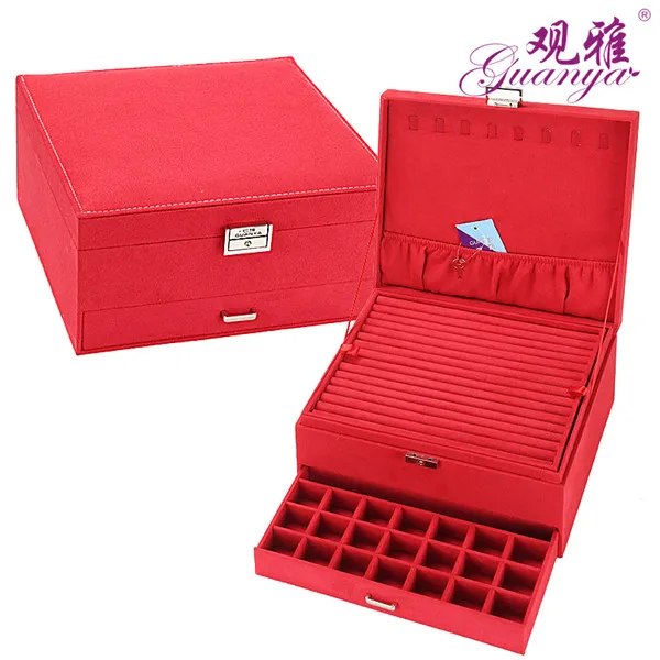 Цвет 3 слоя большое пространство бархат коробка ювелирных изделий Горячая - Цвет: Красный