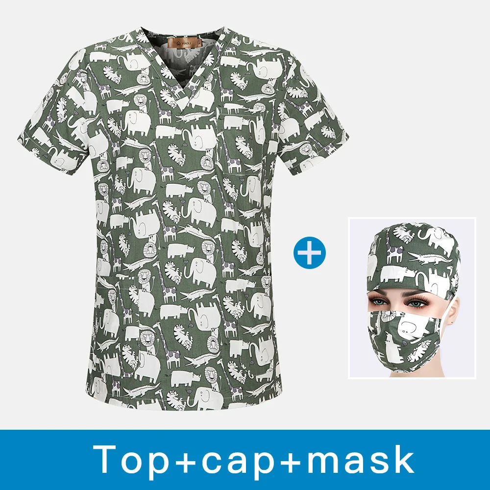 Dental clinic scrubs tops Pet hospital Medical uniforms Laboratory workwear doctor nurse Beauty salon cartoon printing tops new - Цвет: top cap mask