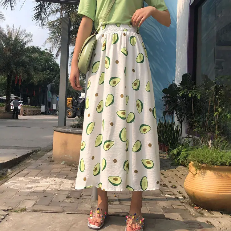 

Korean women's new summer long skirt fruit print high waist small fresh loose skirt A-type elastic waist pleated skirt