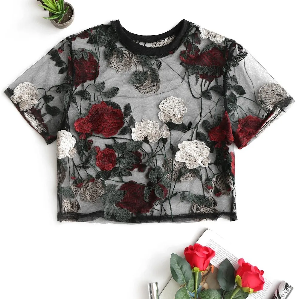 

2019 Summer T-Shirt Womens Short Lace applique short sleeve T-Shirt For Women Sexy slim vest t-shirt 40#