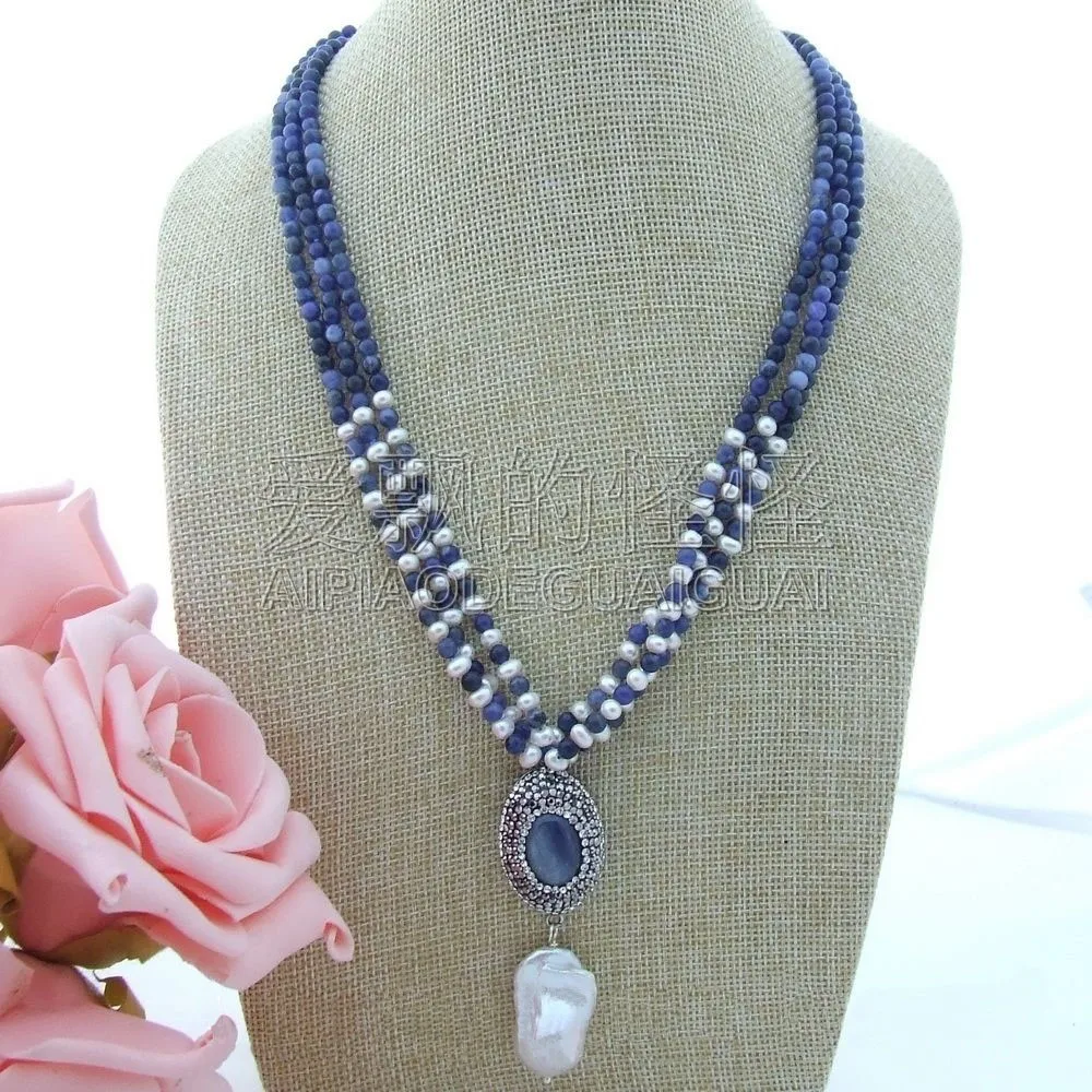 

Women's 16x25MM 3Strands Keshi Pearl Sodalite CZ Necklace Pendant