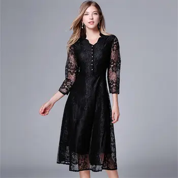 

New Style 2019 Mesh Lace Button Large size Dress Sexy Women Three Quarter V Neck Night Club Body con Party Dresses Wholesale