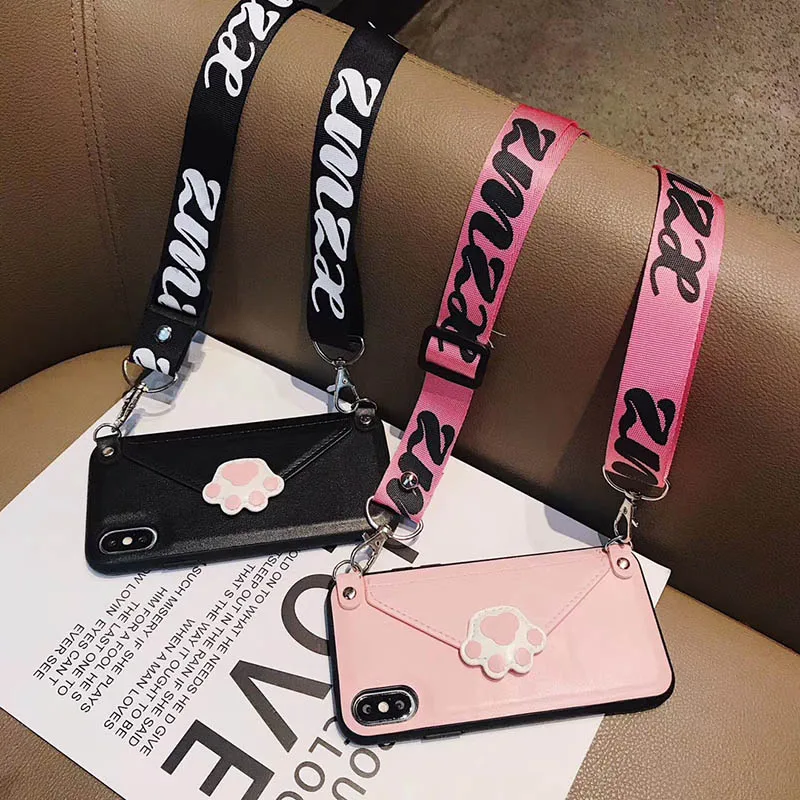 

3D Cat claw pattern Phone Case for iPhone 7 7Plus 8 Plus 6 6s Plus X XS Max XR Fashion Brand PINK Leather Phone cases Lanyard