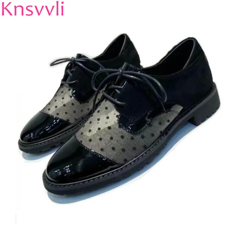 

Knsvvli Spring Comfort Flat Shoes Women Lace Up Round Toe Leather Shoes Ladies Black Mesh Polka Dot England Casual Zapatos Mujer