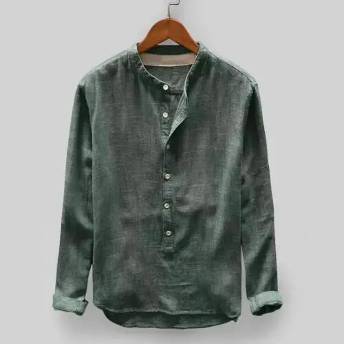 Мужская льняная рубашка с длинными рукавами, летние крутые Свободные повседневные рубашки с круглым вырезом, топы L-4XL - Цвет: Зеленый