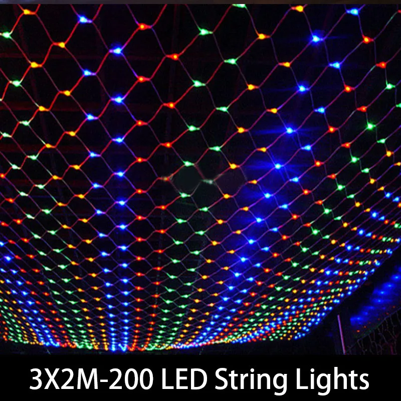 Tail Plug 3*2M 200 LED Wedding Garden New Year Net Mesh Garland LED Christmas Decoration Outdoor Fairy String Light EU Plug 220V eu us plug 3m 3 peacock mesh net led string lights outdoor fairy garland for wedding christmas wedding new year party decoration