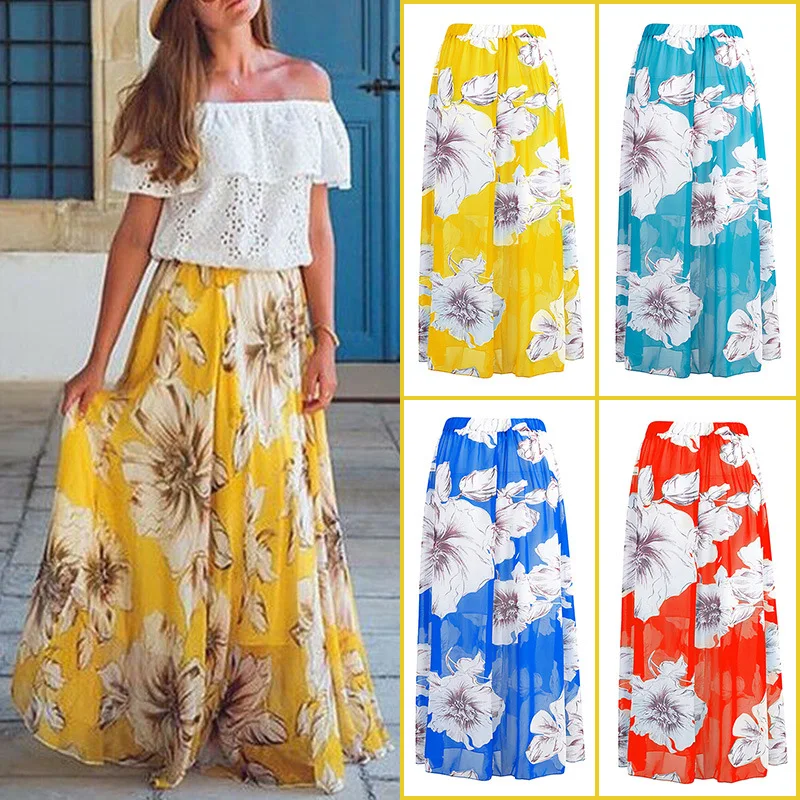 

ZOGAA Plus Size Boho Women Summer Floral Print Long Skirt Ladies Fashion High Waist Hot Pleated Beach Casual Chiffon Long Skirts