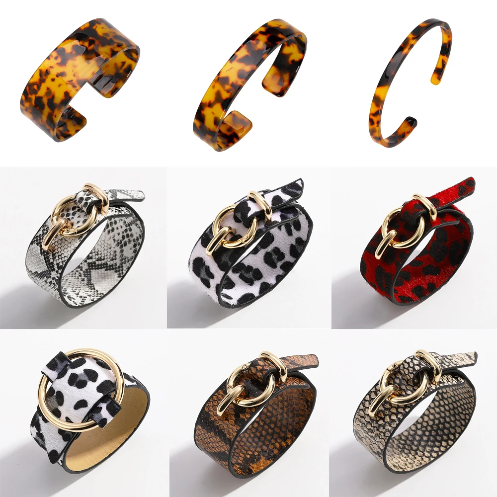 

Best lady Trendy Za Leopard Print Bangle Bracelets For Women Boho Gold Button Vintage Leather Bracelet Snakeskin Punk Jewelry