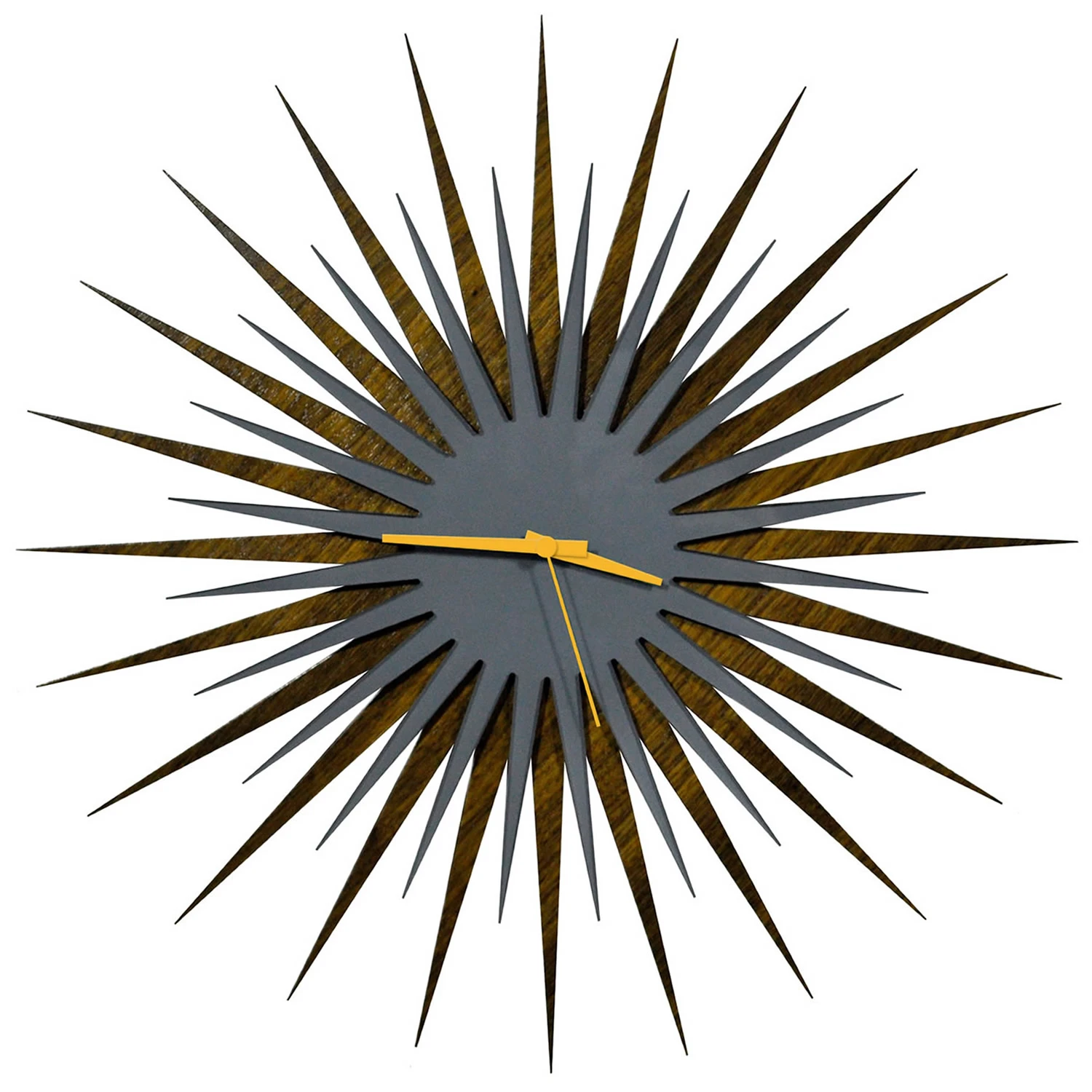 Atomic Era Clock - Walnut Grey/Orange - Midcentury Modern Starburst Clock - 23W x 23H