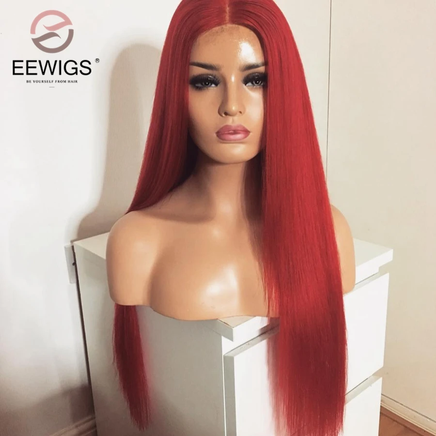 

EEWIGS Long Straight Synthetic Lace Front Wig 180% Density 26 Inch Red Color Wigs Heat Resistant Glueless Wigs For Black Women