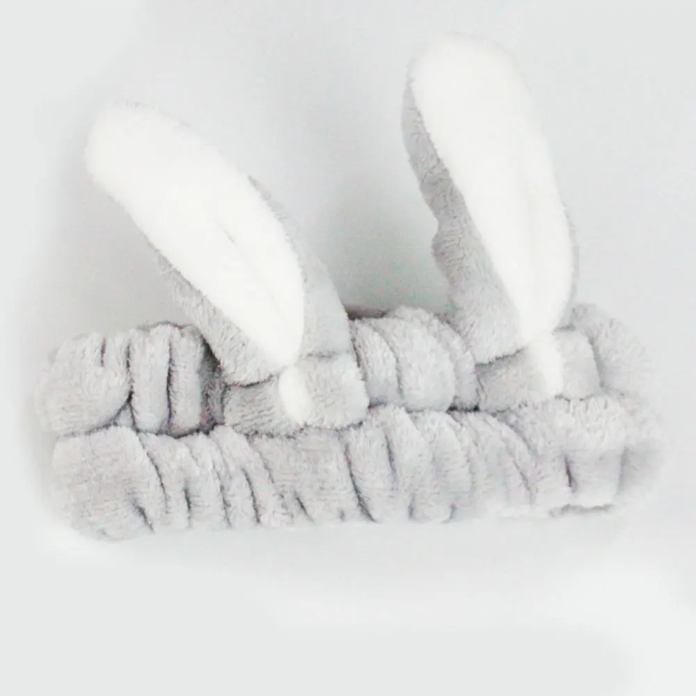 Women Fashion Makeup Headband Bath Rabbit Ears Hair Band Elastic Brimmed Soft Towel Girls Mask Tool Wash Face Coral Fleece Wide - Цвет: gray