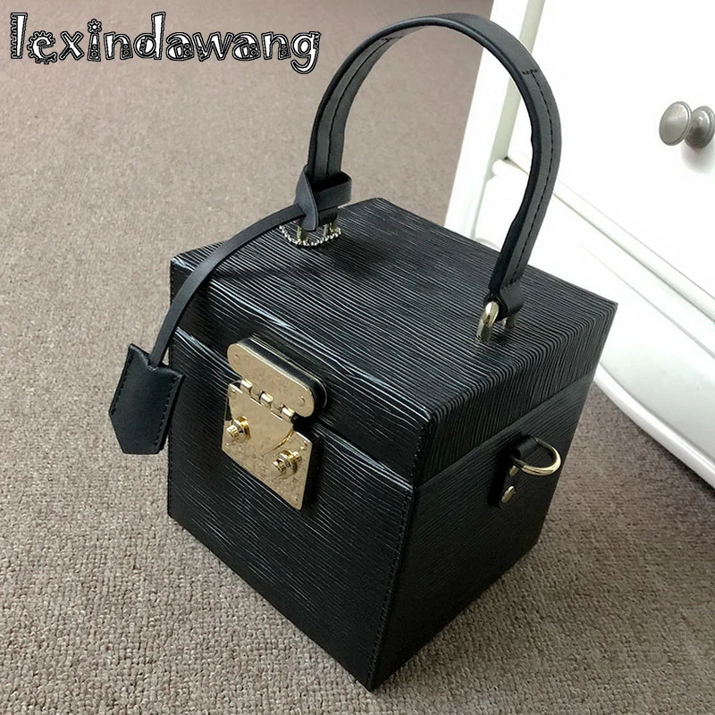 

Brand Design Genuine Leather Box Bags for women Top-handle Vintage Trunk Handbags Patchwork Hit Colors Lock Square Pochette Mini