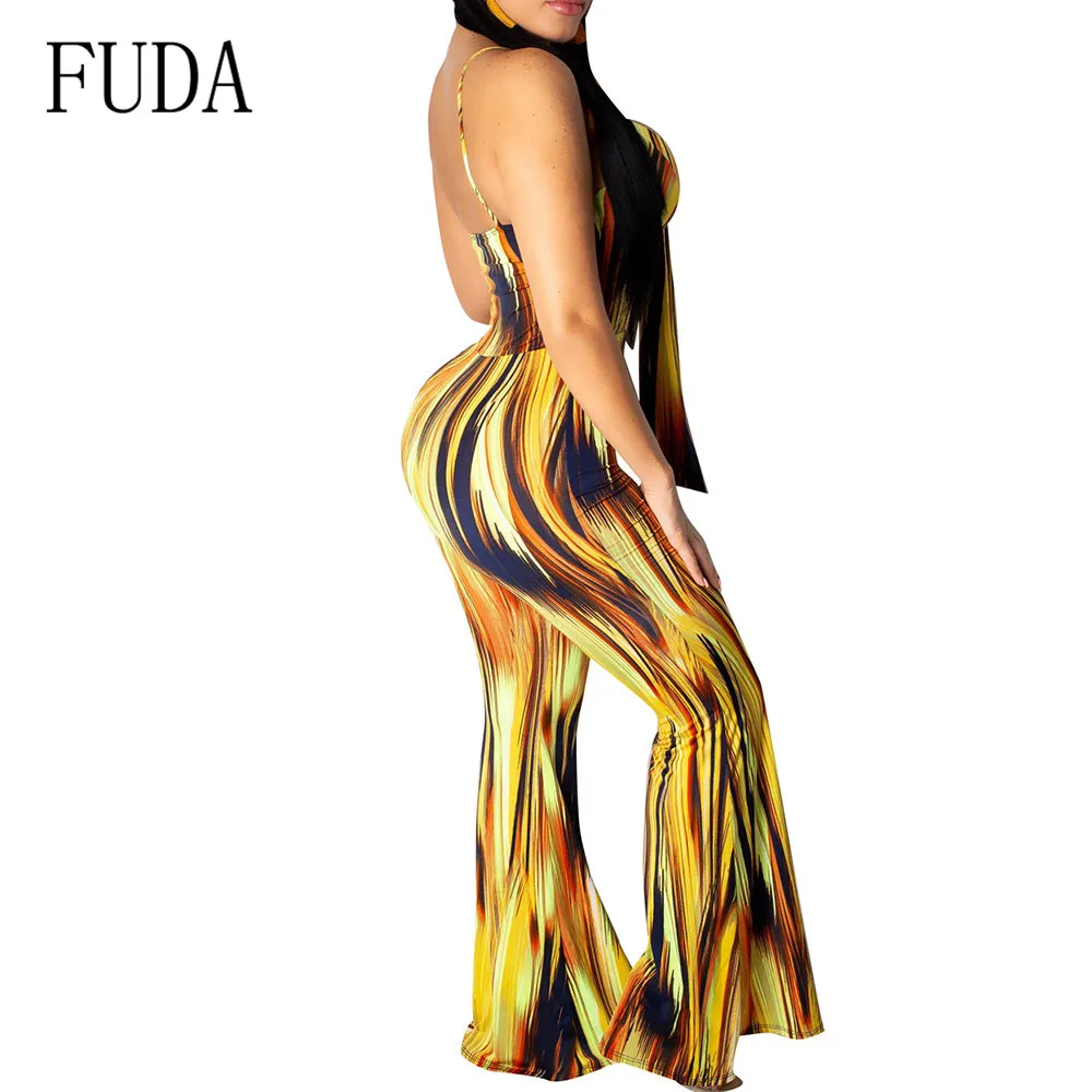 FUDA Temperament Women's Print Irregular Striped Jumpsuits Sexy Hollow Out Sleeveless Loose Playsuits Female Summer Body Femme FUDA Temperament Women's Print Irregular Striped Jumpsuits Sexy Hollow Out Sleeveless Loose Playsuits Female Summer Body Femme