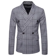 Корейский мужской Повседневный тонкий корейский модный двубортный пиджак Весенний деловой клетчатый маленький костюм