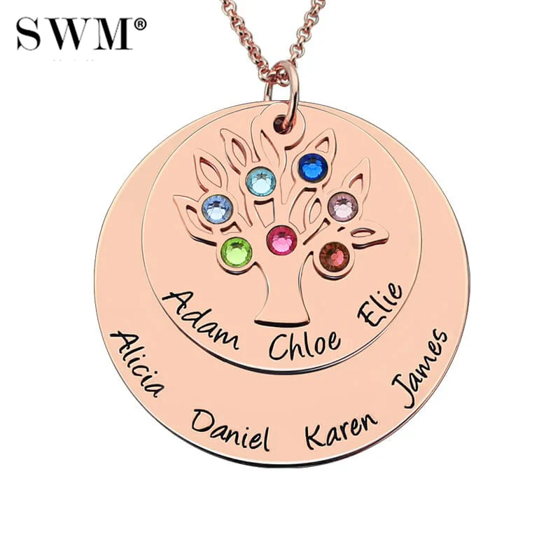 

Custom Name Necklace Family Tree of Life Necklaces Layered Disc Pendant Birth Stone Chain Rose Gold Collares Gift for Grandma