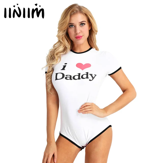 US $10.56 iiniim Womens Adult I Love Daddy Pattern Press Button Crotch Cotton Romper Leotard Clubwear Jumpsui
