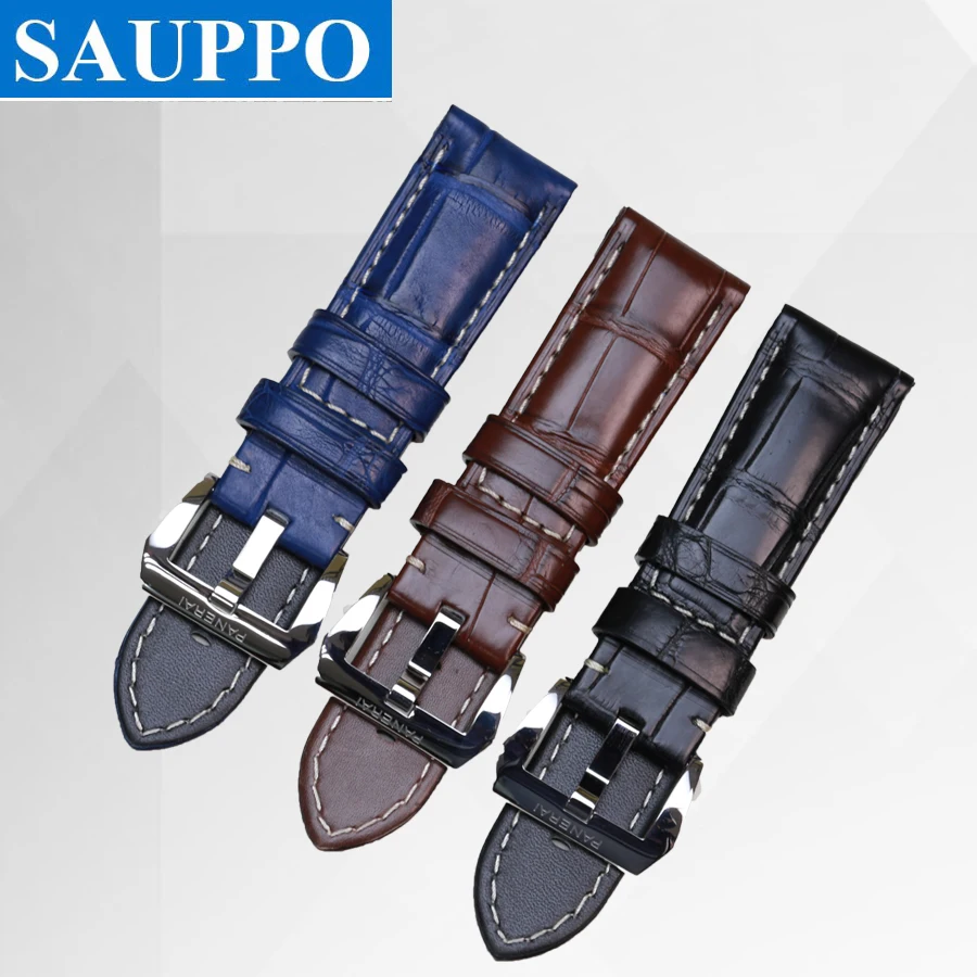 

SAUPPO suitable for Panerai Black Brown Blue Alligator Skin Leather Watch Band Men Watch Belt with Pin Buckle