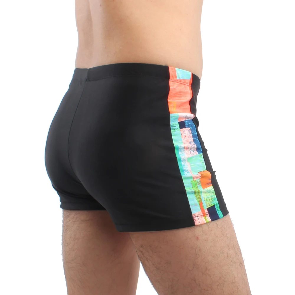 2018 Popular Patchwork Swim Boxers Geometric Imprint Male Swimming Trunk Mens Black Swimsuit