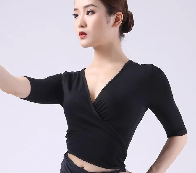 

Sexy V Neck Dance Tops Women Ballroom Dancing Clothing Ballet Latin Salsa Tie Wrap Shirts Black