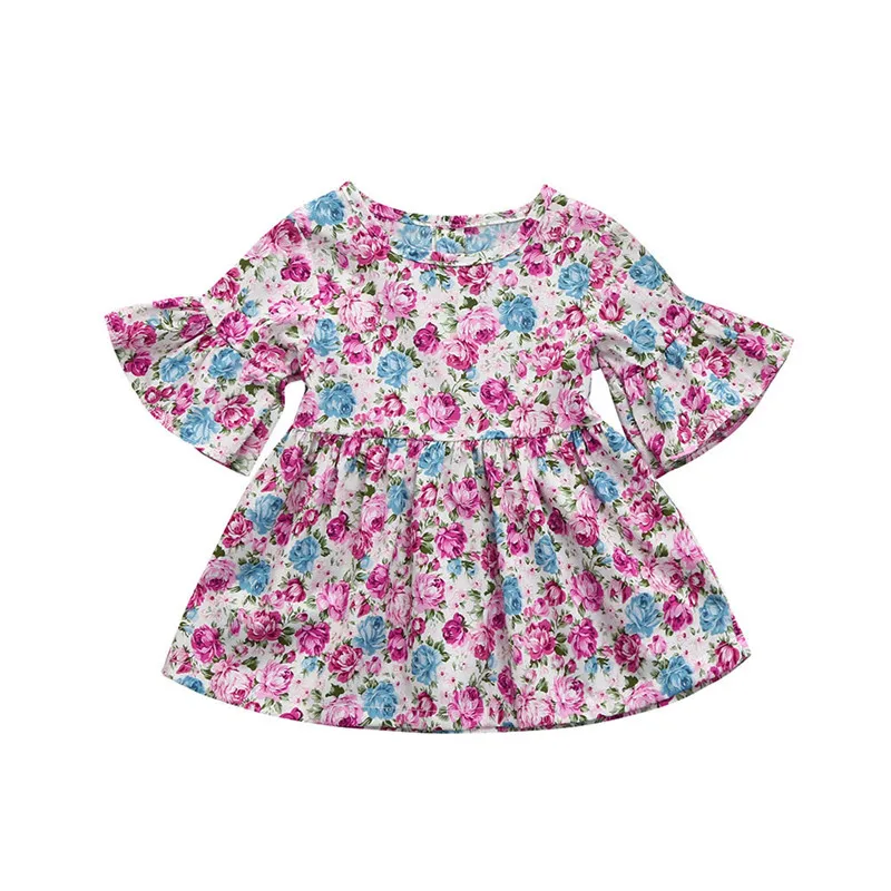 Платья для маленьких девочек; лето г.; Платья с цветочным принтом и оборками и короткими рукавами; одежда; vestido infantil bebek elbise - Цвет: Pink