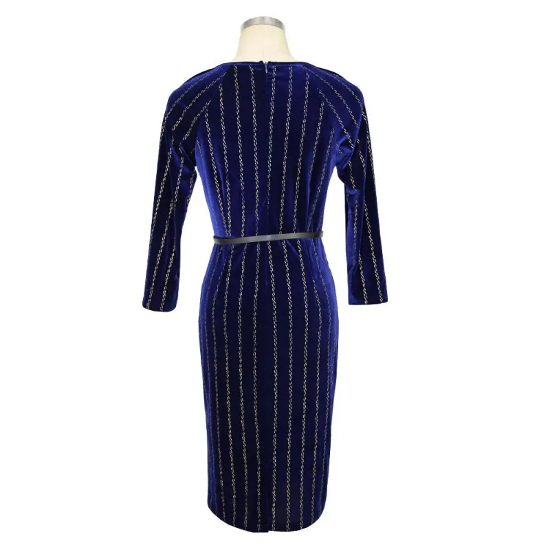 Ysmarket элегантный голубое платье Карандаш Bodycon о Средства ухода за кожей Шеи бархат Платья для женщин золото печати Тонкий партия работы платье 3/4 рукава e2066
