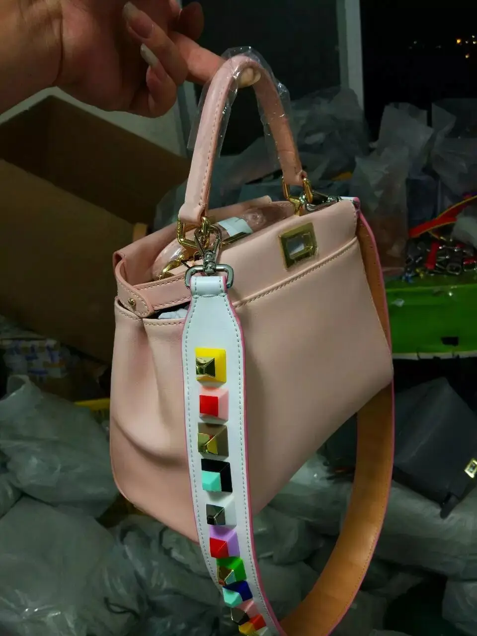 

2018 Designer High Quality Female Handles Strap Colorful Rivet Genuine Leather Shoulder Strap Accessories for Handbags Bag 95cm