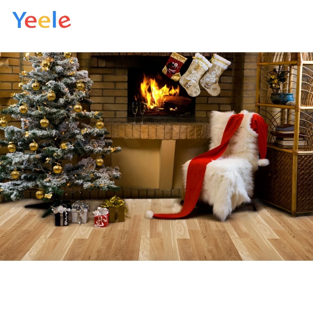 Yeele Рождественская елка чулок камин деревянный пол кирпичная стена фотографии