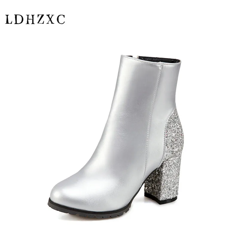 

LDHZXC 2019 Women Ankle Boots Fashion Zipper pu Leather Square High Heel Winter Shoes Women Motorcycle Boots Big Size 34-46