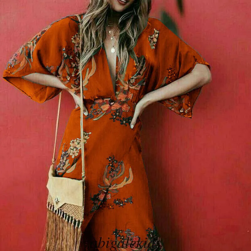 Women Hight Waist Boho Floral V-neck Long Maxi Cocktail Party Beach Dress - Color: Orange