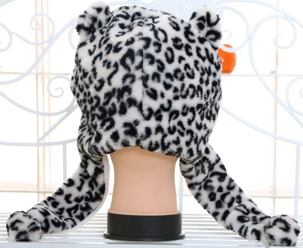 Douchow Белый Черный Леопард милые плюшевые ушанки животных шапка для мальчиков девочек детей подростков взрослых женщин мужские зимние теплые шапочки
