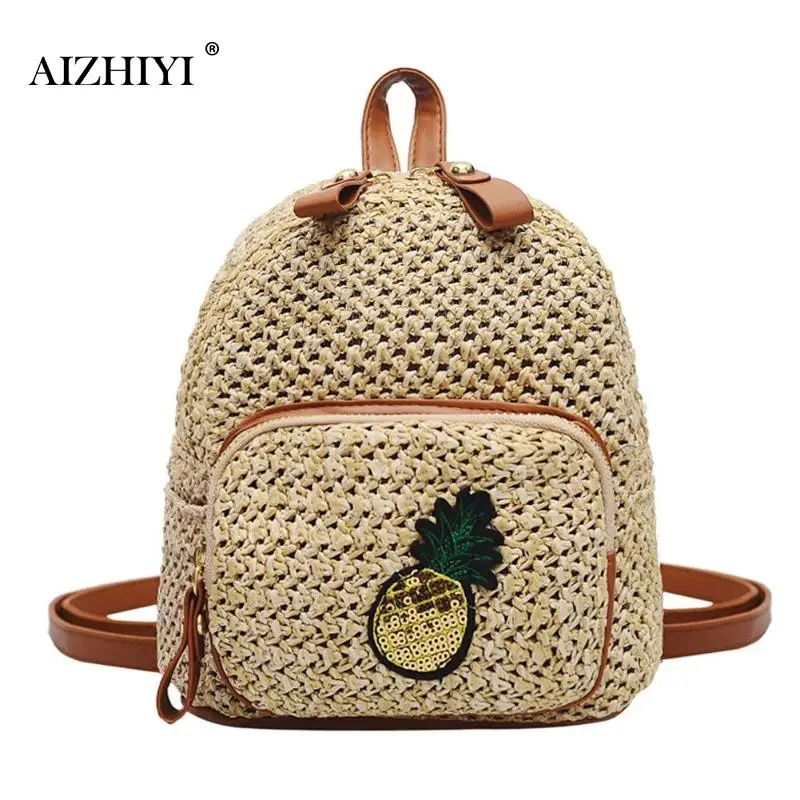 

Straw Women Backpack Chain Mini Shoulder Bags Weave Hollow Beach Girls Satchel Schoolbag Pineapple Print bolsa feminina