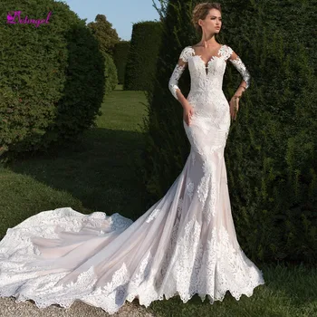 

Detmgel New Arrival Long Sleeve Scoop Neck Mermaid Wedding Dress 2020 Luxury Chapel Train Appliques Trumpet Bride Gown Plus Size