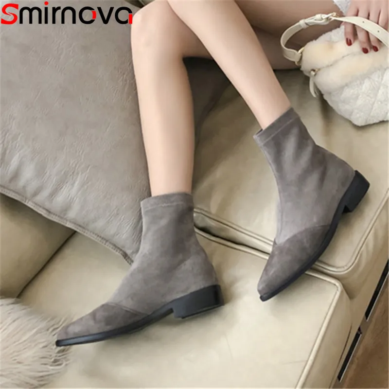 

Smirnova big size 34-42 ankle boots for women pointed toe slip on low heels shoes ladies boots Elastic suede leather boots women