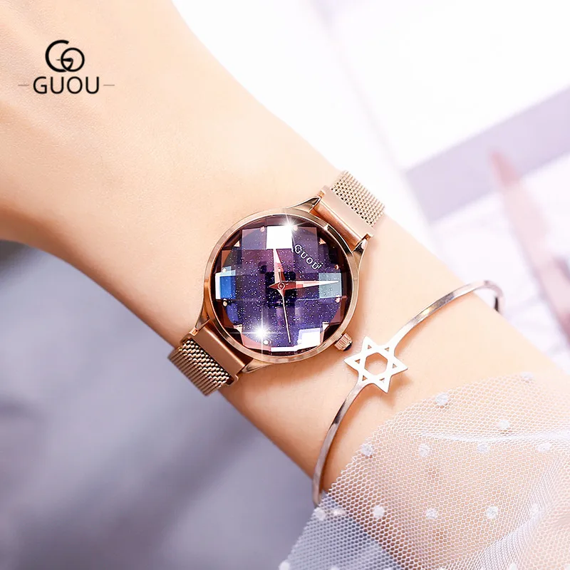 

Starry Sky Women Watches Mesh Steel Strap Rhinestone Dial GUOU Ladies Wristwatches Waterproof Quartz Female Watch Christmas Gift