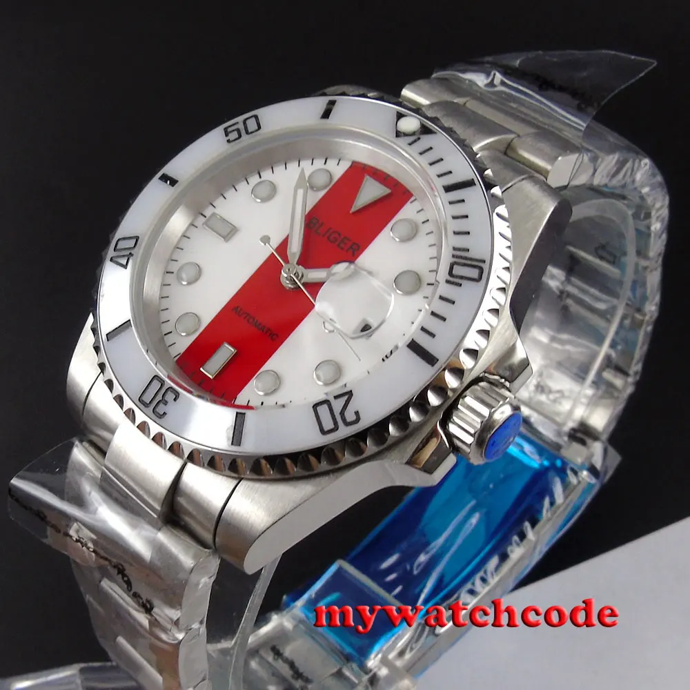 40mm Bliger white red dial date sapphire crystal automatic unsex womens watch117 40mm Bliger white red dial date sapphire crystal automatic unsex womens watch117