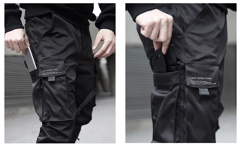 Новые модные темно-стильные мужские брюки для бега Осень Хип Хоп уличная сторона карман ленты тонкие спортивные брюки карандаш брюки