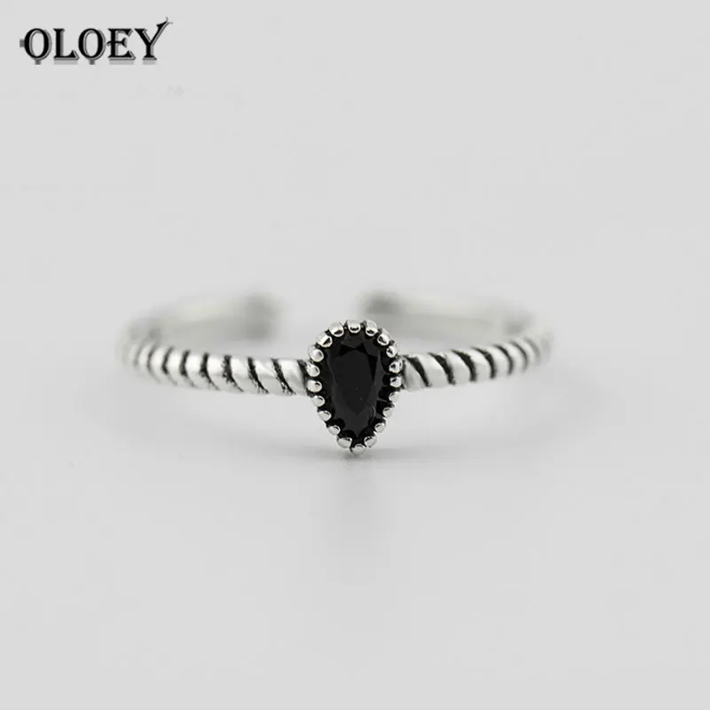 

OLOEY Vintage Hemp Rope Open Cuff Finger Rings for Women Real 925 Sterling Silver Water Drop Adjustable Ring Fine Jewelry YMR215