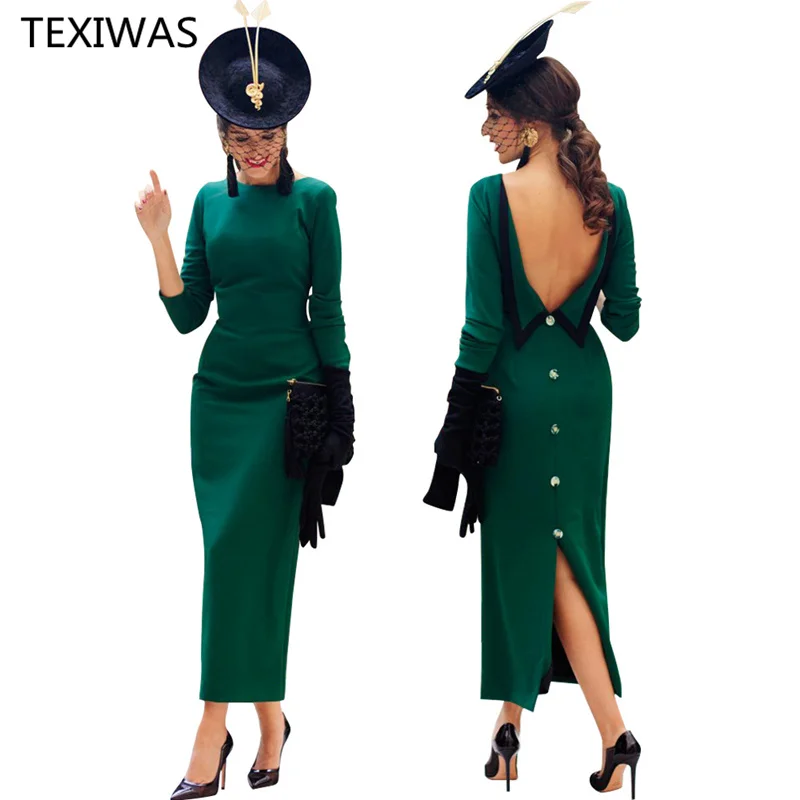 

TEXIWAS Fashion spring long dress office lady hollow Backless button Split robe dress women Business party dress Slim clothing
