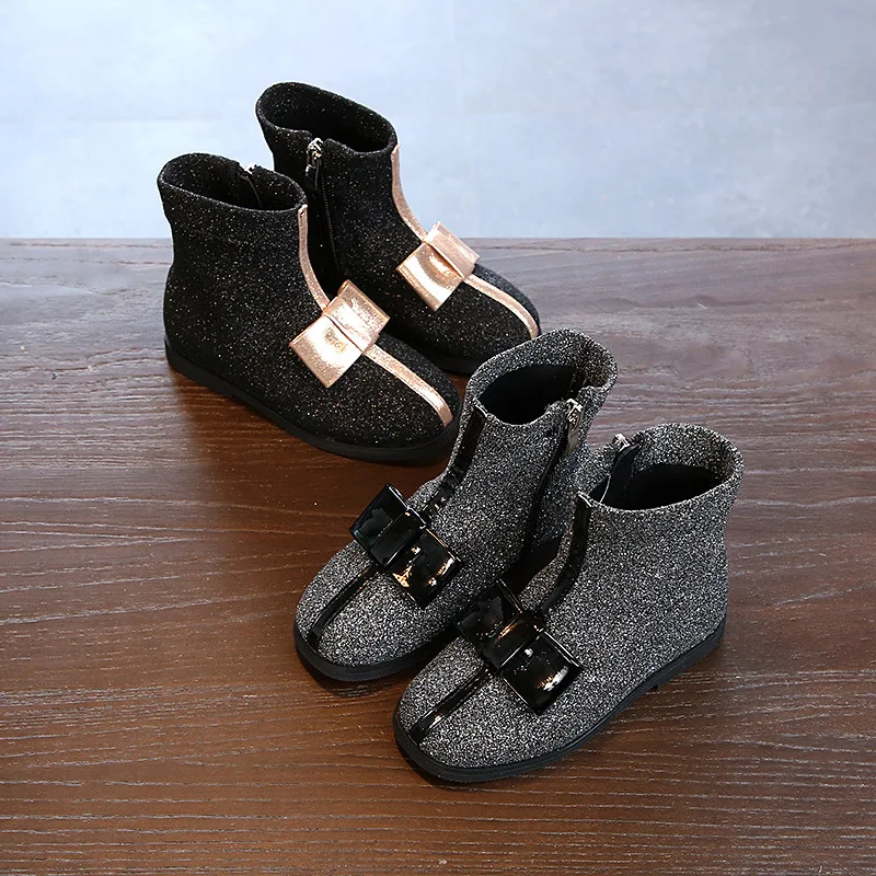

Kids Fashion Boots 2018 Girls Bling Ankle Boots Butterfly-knot Round Toe Shoes Girls Sequined Cloth Boots Kids Rubber Shoes