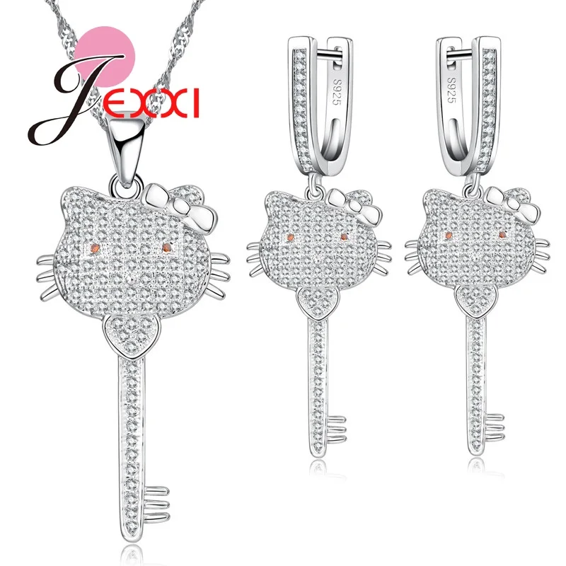 

Jemmin Necklace Earrings Woman 925 Sterling Silver Jewelry Set Key Style Pendant With Cute Cat Head Heart