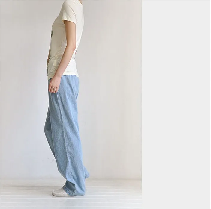 Летние брюки большой размер, эластичный пояс широкие повседневные джинсы женские свободные прямые широкие брюки женские джинсы w559