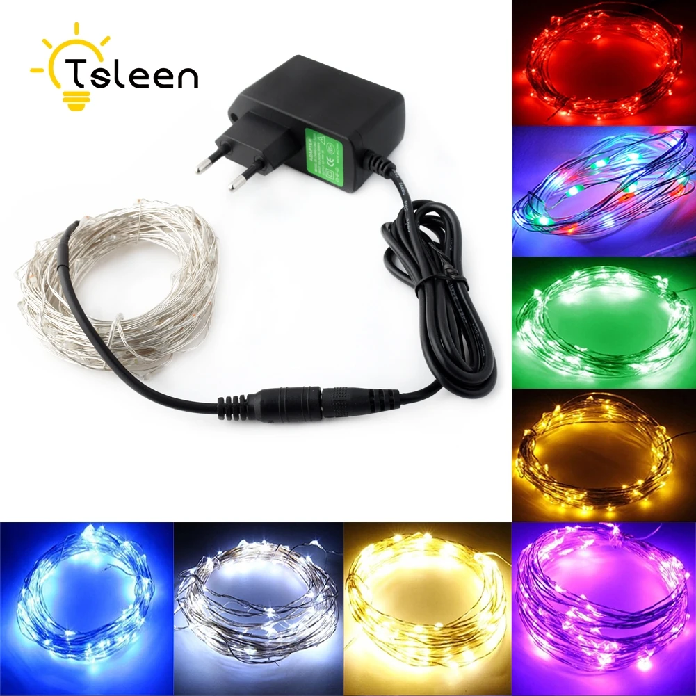 

TSLEEN 10M 5M Micro 100 50 Leds Silver Wire LED String Light Fairy Lights Includes Power Adapter UK US EU Plug With CE ROSH