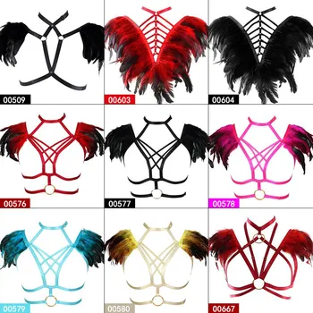 

Feathers Shawl Shoulder Epaulettes Harness Bra Strappy Cage Elastic Breast Belt Plus Size Women Sexy Goth cosplay Art Clothing