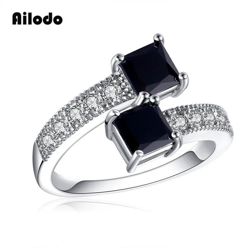 

Ailodo Double Square Black CZ Crystal Finger Rings For Women Femme Bijoux Fashion Wedding Anniversary Jewelry Girls Gift LD076