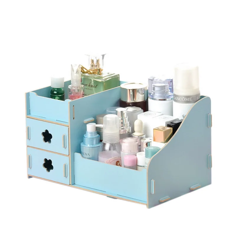 IVYSHION деревянный офисный стол Коробка для хранения ювелирных изделий контейнер для макияжа Органайзер Чехол ручной работы DIY косметический Органайзер деревянная коробка - Цвет: Blue