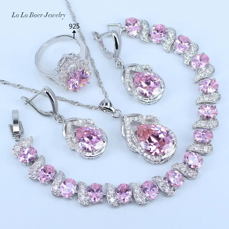 L& B Один комплект роскошных свадебных украшений с розовыми кристаллами 925 серебряного цвета для женщин браслет/Подвеска/ожерелье/серьги/кольцо