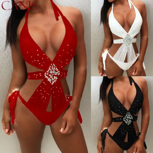 

2019 New Hot Sexy Bra Girls Female Women Bandage Off Shoulder Rhinestone Crystal Bikini Set Push Up Padded Swimwear Swimsuit