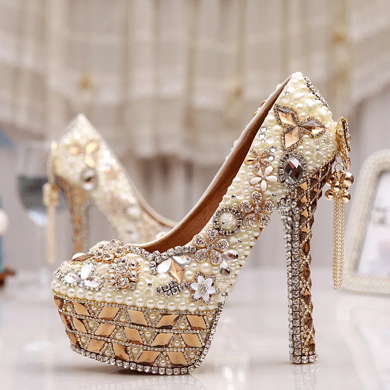 Gorgeous High Heel Crystal Wedding Shoes Lovely Pearl Gem Ivory Gorgeous High Heel Crystal Wedding Shoes Lovely Pearl Gem Ivory White Prom Bridal Pumps Cinderella Size 34 43 In Women S From On