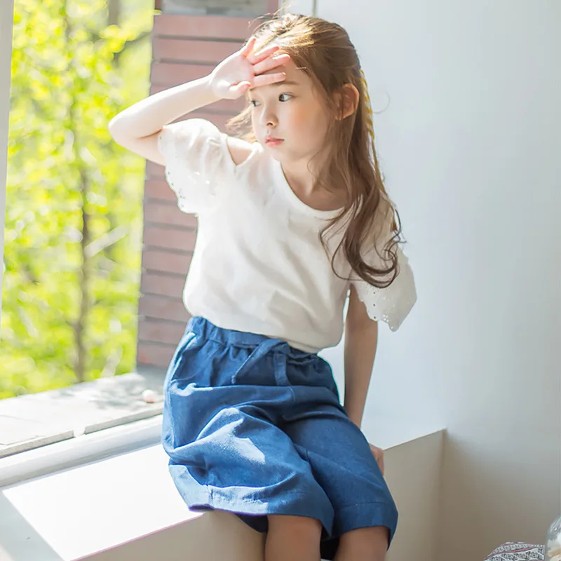 

2018 Children Clothing Set Teens Kids Summer Girl Casual Suit Set Open Shoulder Top T-shirt And Wide Leg Pant Child Suit Clothes